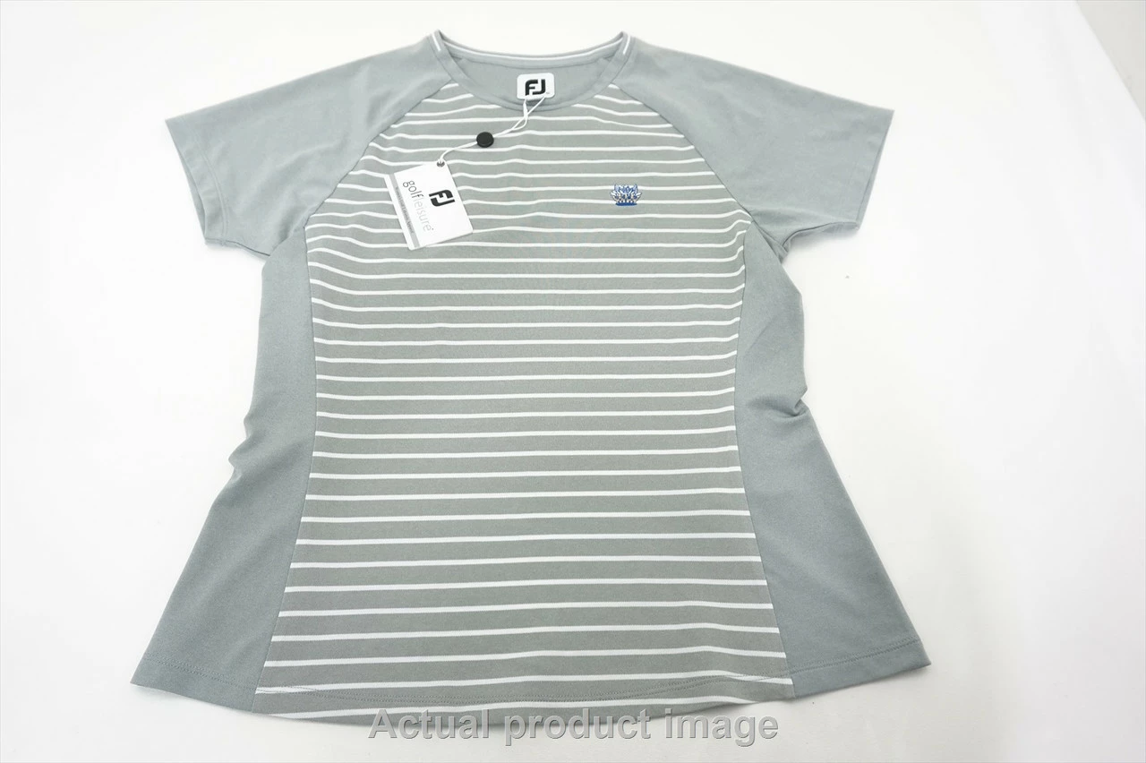 FootJoy Striped Crew Neck Polo Womens Medium Grey/White W/Logo 507A 00867243 3 FootJoy Striped Crew Neck Polo Womens Medium Grey/White W/Logo 507A 00867243